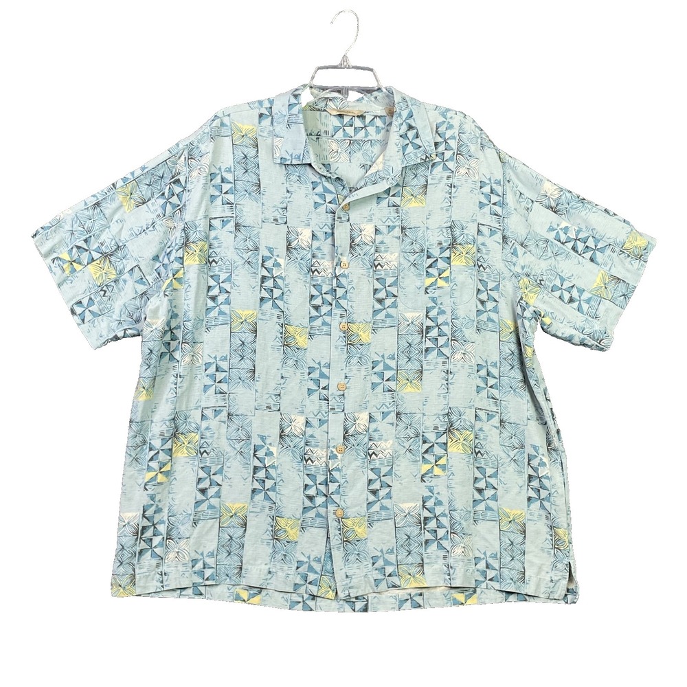Paradise Collection Hawaiian Shirt Mens 2XL Blue Geometric Silk Casual Outdoor